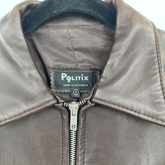 Politix Brown Collared Open Bottom Long Sleeve Zip Up Leather Jacket Size 4 - Picture 2 of 10